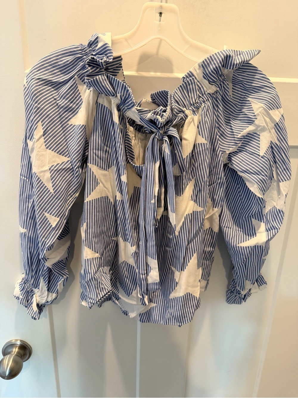 Anthropologie Blue and White Star Print Puff Sleeve Blouse